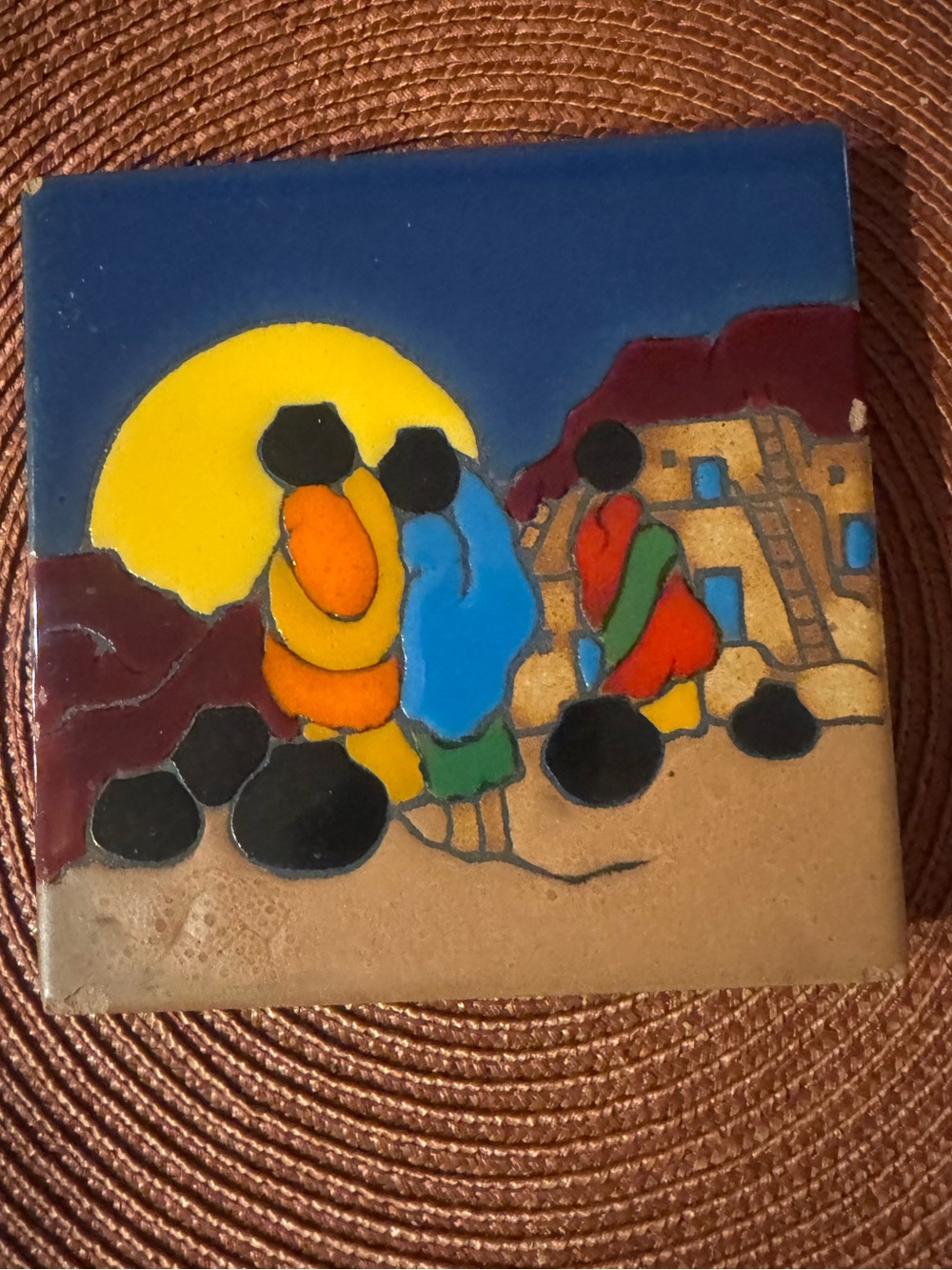 Southwestern Pueblo Figures Ceramic Art Tile 6x6", Moon & Adobe Scene